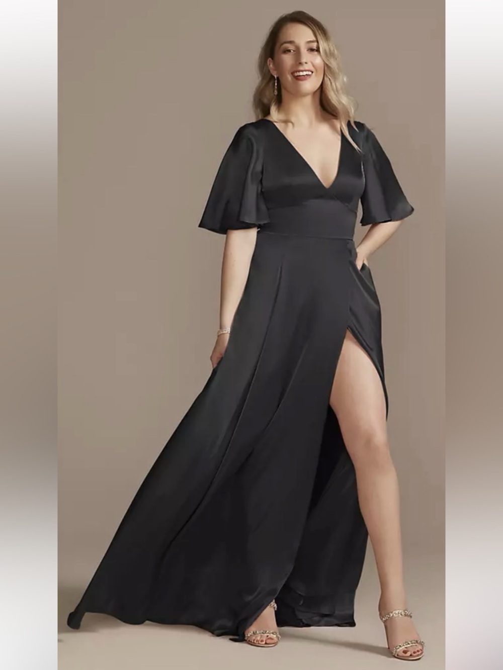 GALINA SIGNATURE Charmeuse Flutter-Sleeve A-Line Dress